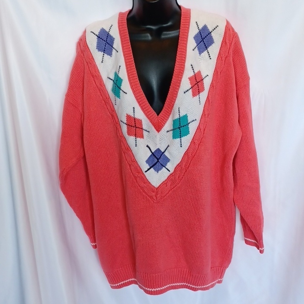 Vtg 80-90's Paris Sports Club Sweater M Chunky Cable Knit V Neck, oversized